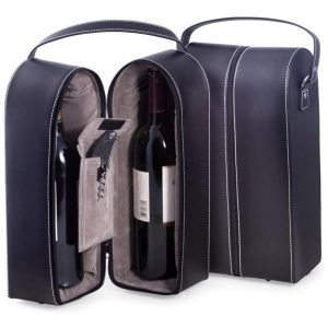 Bey-Berk Porta-Garrafas de Vinho em Couro Preto com Conjunto de Ferramentas Bolsa de Viagem com Armazenamento Seguro e à Prova de Vazamentos