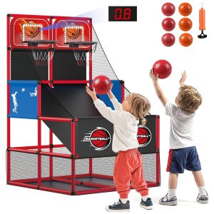 Jogo de Basquete Arcade Infantil para 2 Jogadores com 6 Bolas Placar Eletrônico e Luz LED para Crianças de 3 a 8 Anos M SANMERSEN Vermelho