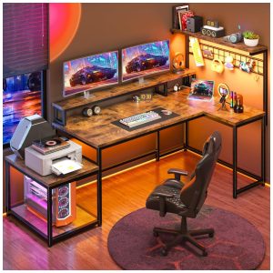 Mesa Gamer em L EnHomee 160 cm com Luzes LED e Tomadas Elétricas Design Reversível com Prateleiras de Armazenamento e Ganchos Suporte para Monitor e Impressora Marrom Rústico (160 cm x 80 cm).