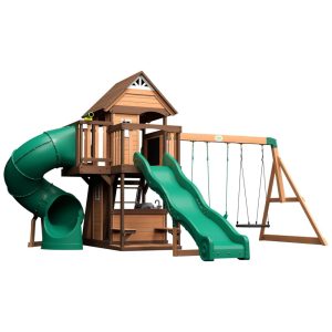 Playground Infantil de Madeira com Cozinha Compacta Parede de Escalada Escorregador Tobogã Telescópio e 2 Balanços Backyard Discovery Verde