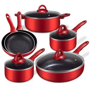 Conjunto de panelas e frigideiras antiaderentes conjuntos de panelas de indução 10 peças para todos os fogões conjuntos de cozinha com alça de toque frio panela frigideiras com tampa conjunto de panelas lava louças vermelho NA N9101