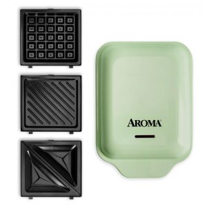 Sanduicheira Elétrica 3 em 1 AROMA Verde 600W Placas Cerâmicas Removíveis 120V 19x14x9 cm