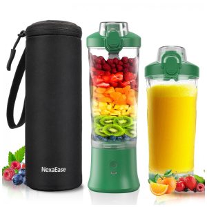 Liquidificador portátil NexaEase 600ml verde com capa térmica preta recarregável USB-C para shakes e smoothies