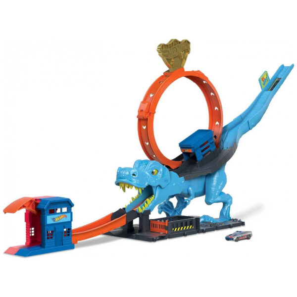 Hot Wheels City Track Set com 1 Carro de Brinquedo, Corra Através de um Gigante Loop para Derrotar um Grande Dinossauro, Conjunto de Pista de Corrida