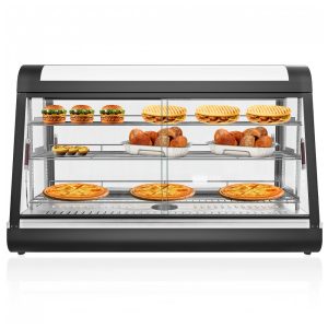Aquecedor de Alimentos 3 Andares Anpuce Preto Aquecimento 3D Portas Vidro Deslizantes Display Temperado 122 cm 110V para Buffet Restaurantes
