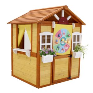 Casinha Infantil de Madeira para Área Externa com Porta 2 Janelas e Suportes para Vasos de Flores Idade 3 a 6 Anos Foinfun Amarela e Marrom