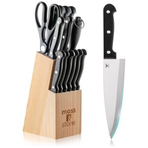 Conjunto de Facas Moss Stone Em Aço Inoxidável14 peças Preto e Palha