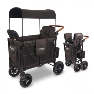 Carrinho de Passeio para 2 Crianças Multifuncional com Porta Objeto e Cobertura até 136 kg WONDERFOLD W2 Preto Vulcânico