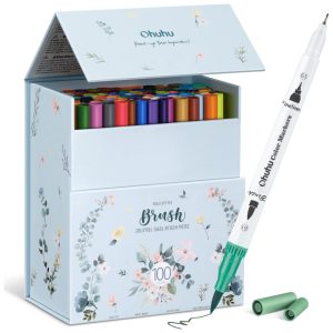 Conjunto de Canetas Artisticas 100 Cores com Pontas Duplas Pincel Fino à Base de Água para Crianças e Adultos Ohuhu Branca