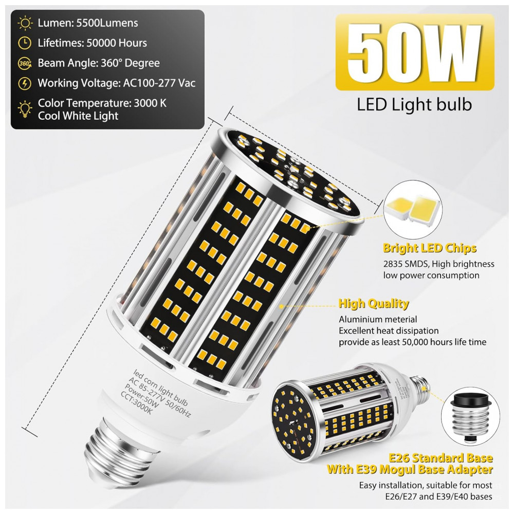 Lâmpada de Milho LED 50W, Pack com 6 Unidades, Branco Quente 3000K 6500LM Equivalente a 500W, Base Mogul E26/E39 LED de Grau Comercial,YANYCN - Imagem 3