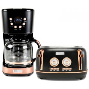 Kit Torradeira 4 Fatias Slots Largos Inox Controle Programável + Cafeteira Elétrica 12 Xícaras Haden Preto/Cobre 110V