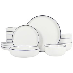Aparelho de Jantar de Porcelana Gibson Home Oslo 16 Peças - Branco com Acabamento Azul: Resistente a Rachaduras e Arranhões