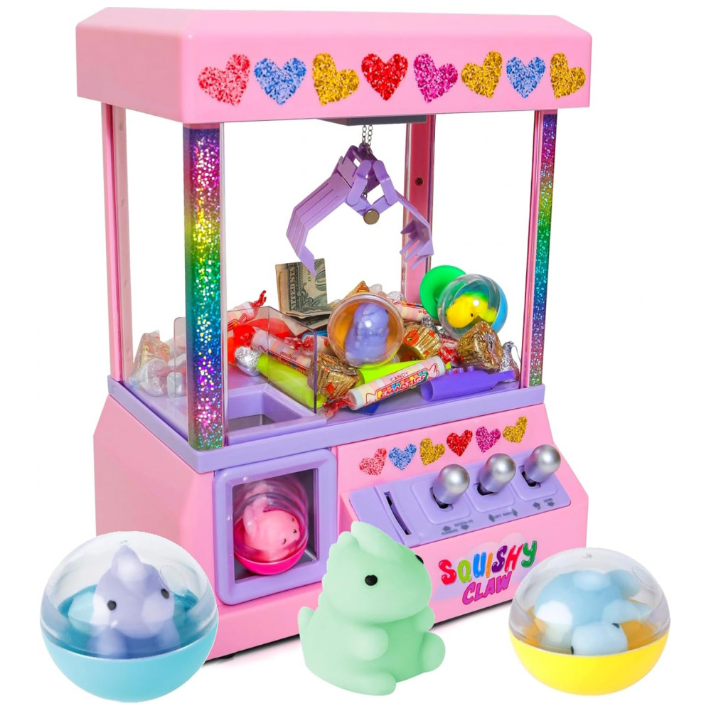 ECTQ12CFD6FC0B_0-1.jpg - Máquina de Garra Bundaloo Squishy Rosa com 3 Brinquedos Macios, Cápsulas Reutilizáveis, Controle Joystick, Bateria