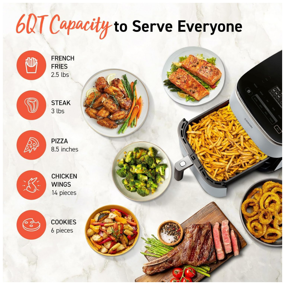 ECTQ18J8C1YD0B_4-1.jpg - Fritadeira de Ar COSORI TurboBlaze 6 Litros 9 em 1, Revestimento Premium Cerâmico, Aquecimento Preciso para Resultados Uniformes, Frite, Asse, Doure, Desi