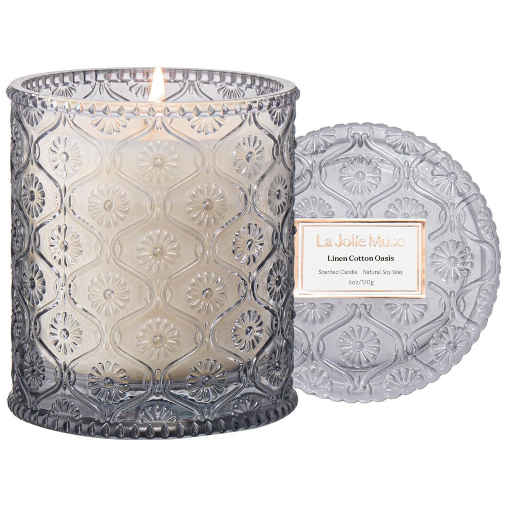 Vela Perfumada LA JOLIE MUSE Linho e Algodão Oasis Cotton, Jasmim e Musk Quente 170g Cera de Soja Natural 40 Horas de Queima Limpa Presente para Anfit