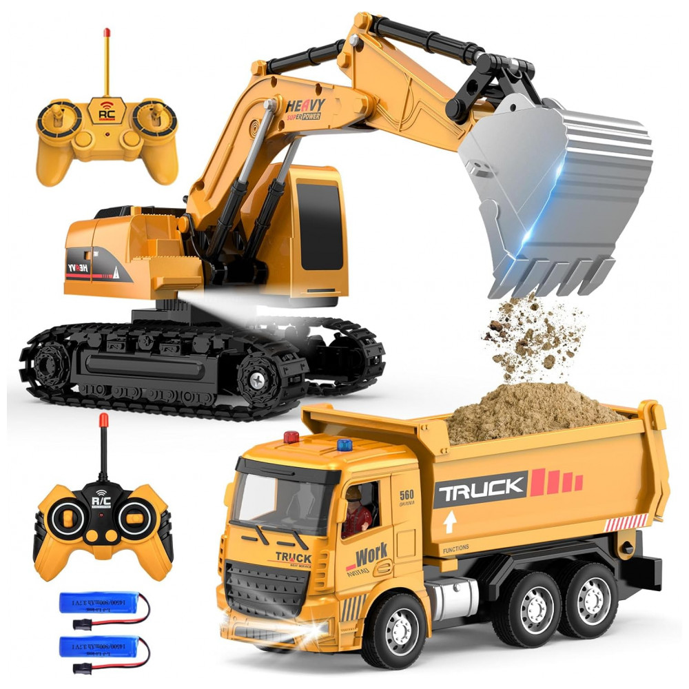 Conjunto de Brinquedos de Caminhão Basculante e Escavadeira de Controle Remoto - Veículos de Construção RC com Barreiras,  MQDMINI