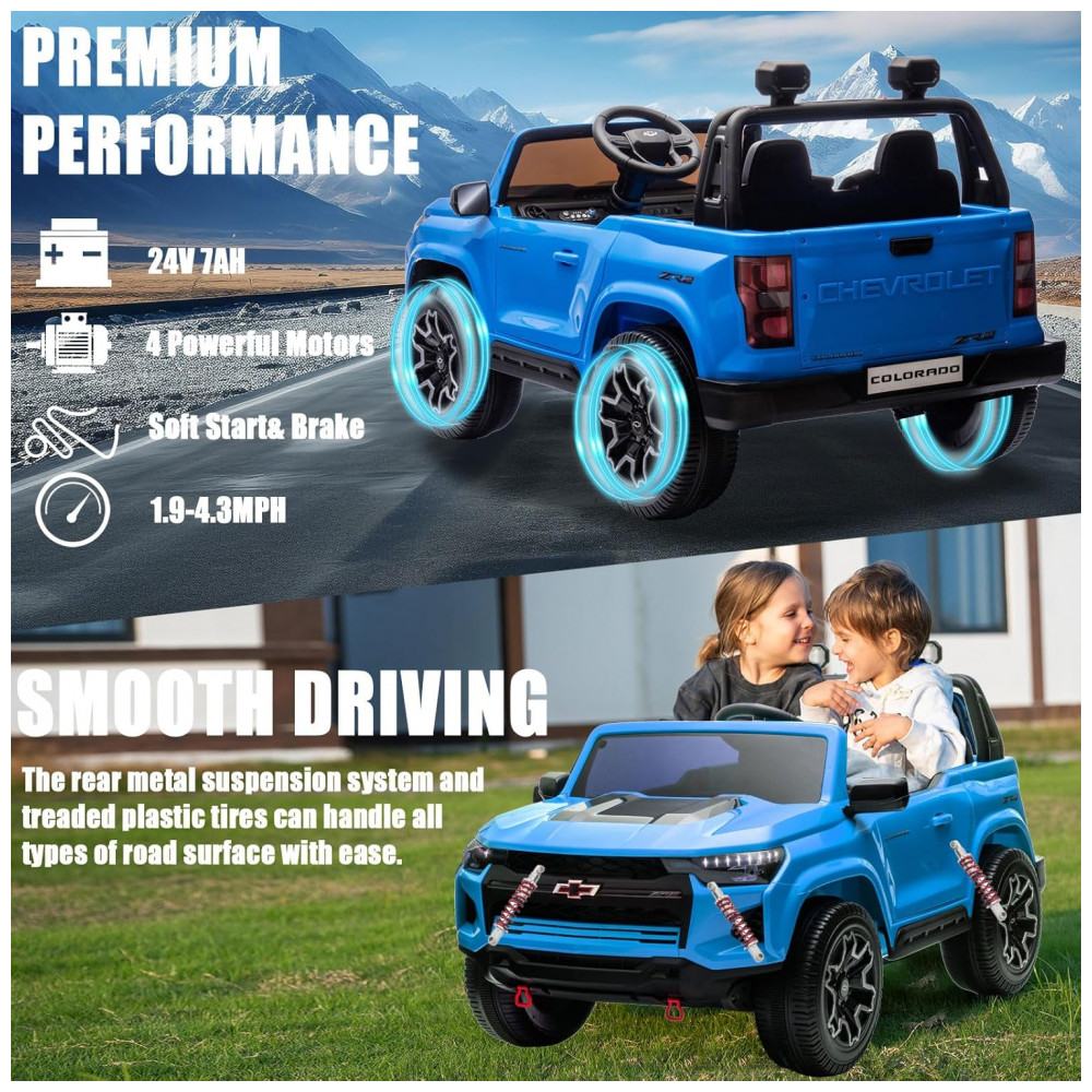 ECTQ1KGN3J8C0B_4-1.jpg - Carro Elétrico Infantil Chevrolet Colorado Licenciado 24V, 2 Lugares, 4WD, Controle Remoto, Música, Alarme, Megafone, Azul