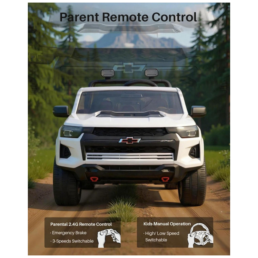 ECTQ1MRD19KF0B_5-1.jpg - Carro Elétrico Infantil Chevrolet Licenciado Joywhale 24V 4WD, 2 Lugares, 320W, Controle Remoto, Suspensão, Música, Luzes LED, Branco