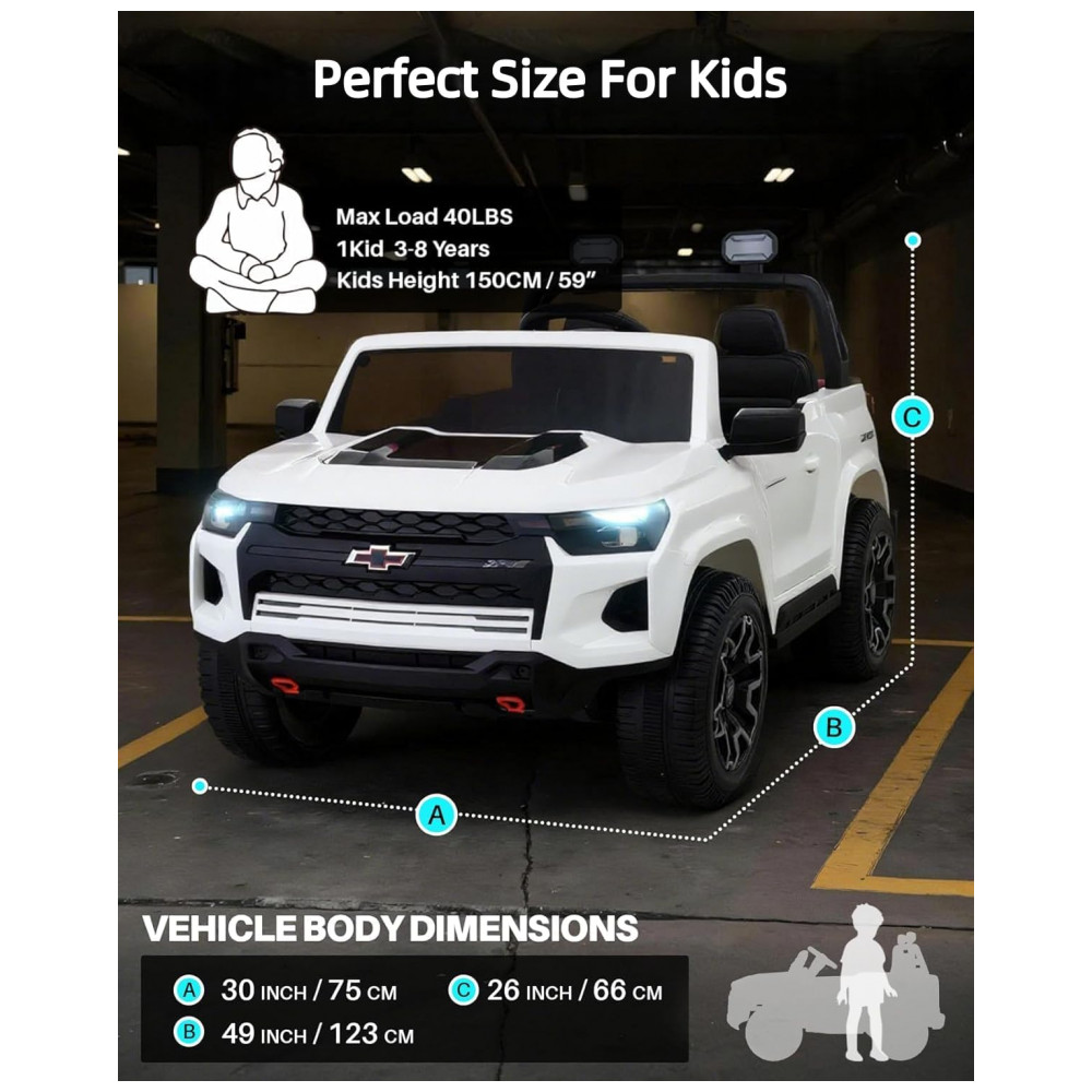 ECTQ1MRD19KF0B_7-1.jpg - Carro Elétrico Infantil Chevrolet Licenciado Joywhale 24V 4WD, 2 Lugares, 320W, Controle Remoto, Suspensão, Música, Luzes LED, Branco