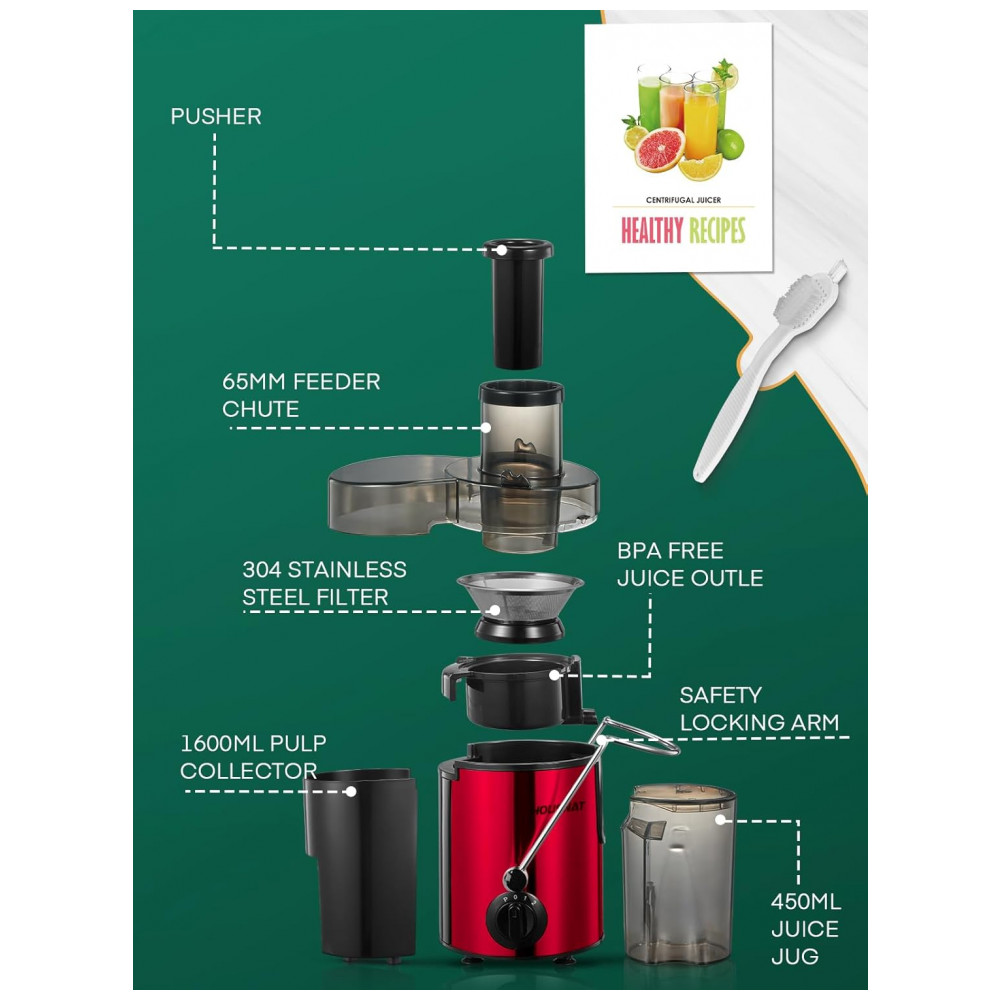 Extrator de Sucos HOUSNAT, Centrífuga com Motor de 400 W, Amplo Tubo de 65mm para Frutas e Vegetais Inteiros, Extrator de Suco com 3 Velocidades, Vers - Imagem 6