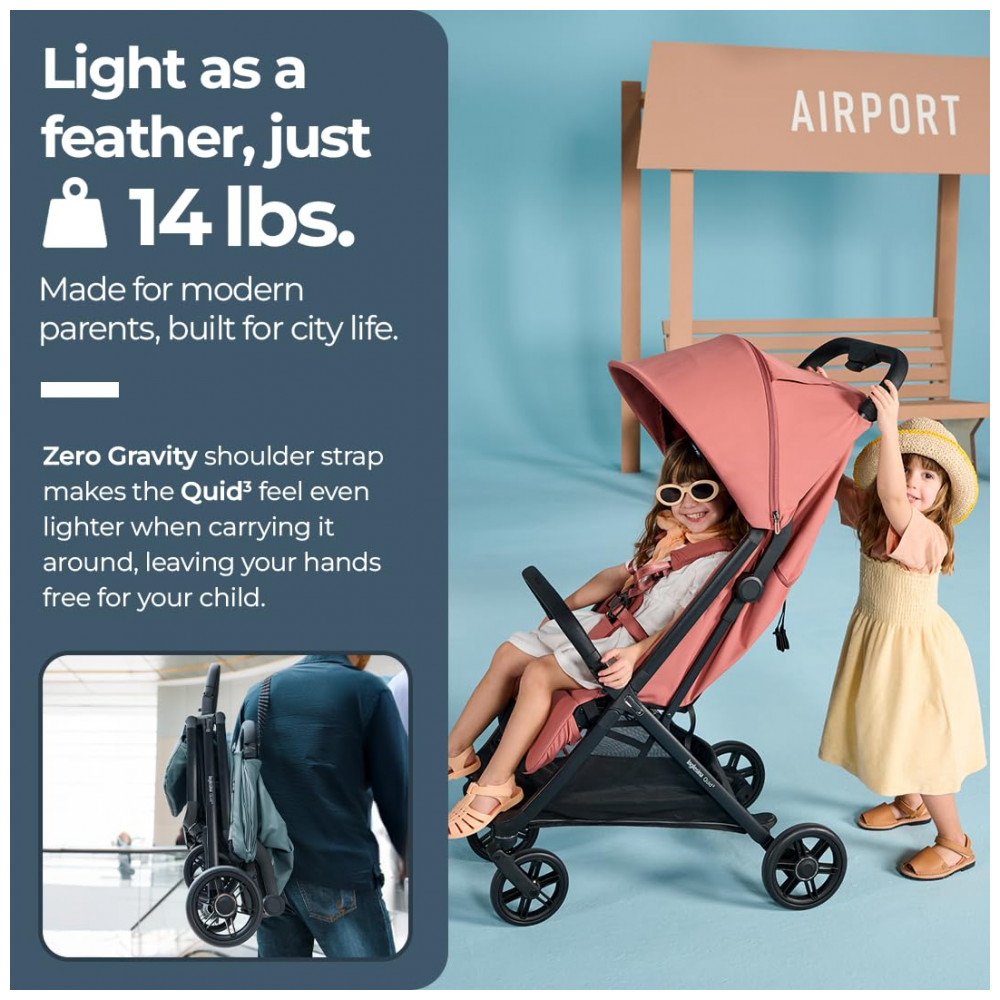 ECTQ1QTYQQTD0B_3-1.jpg - Carrinho de Bebê Inglesina Quid³ Rosa Aurora - Ultraleve 63 kg Dobrável com Uma Mão Capota XL UPF 50+ Assento com Tecido Respirável Compatível Bebê Conforto