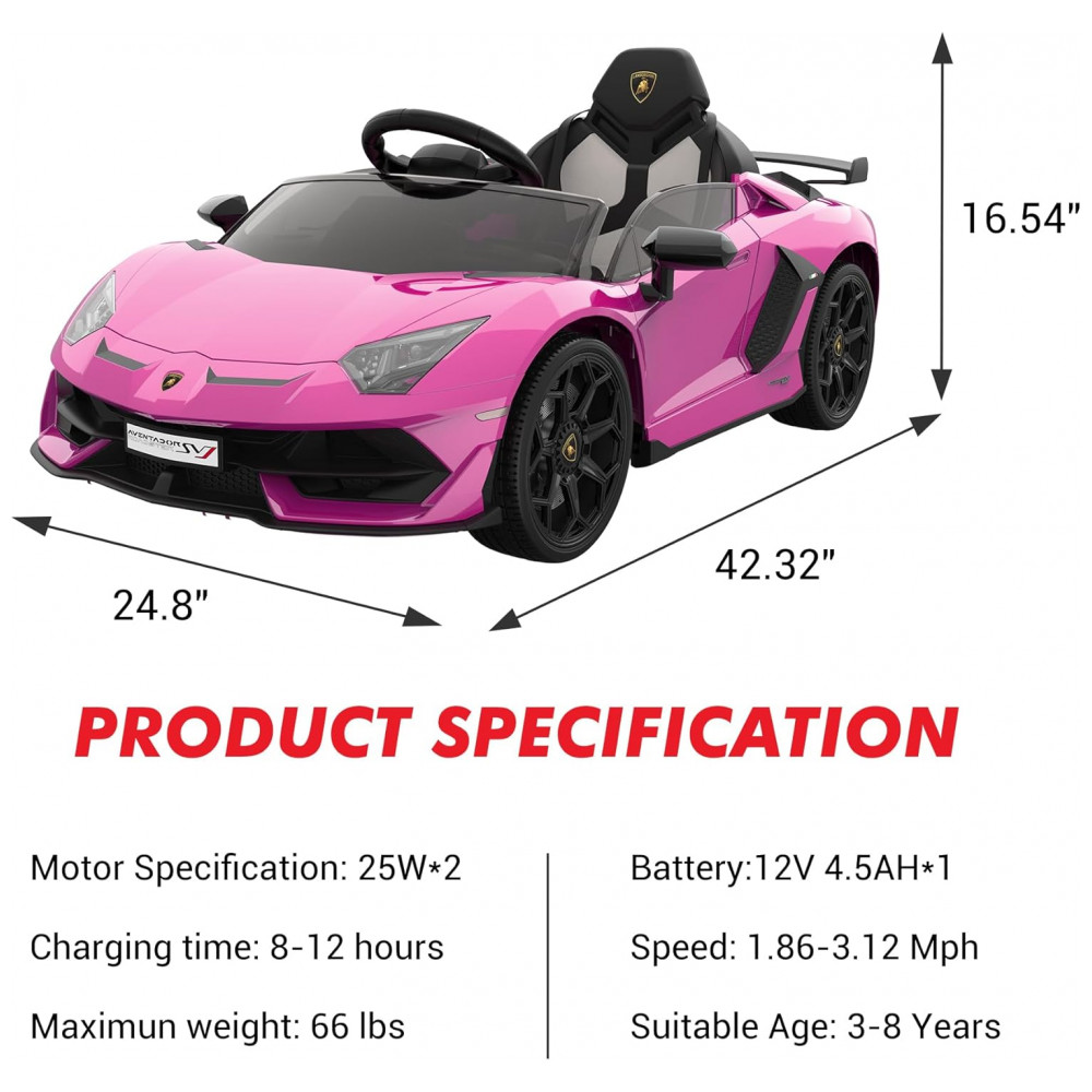 ECTQ1S8ZP2XF0B_5-1.jpg - Carro Elétrico Infantil Lamborghini Licenciado 12V SLEKVERSA, Controle Remoto, 2 Velocidades, Suspensão, Música, Luzes LED, Rosa