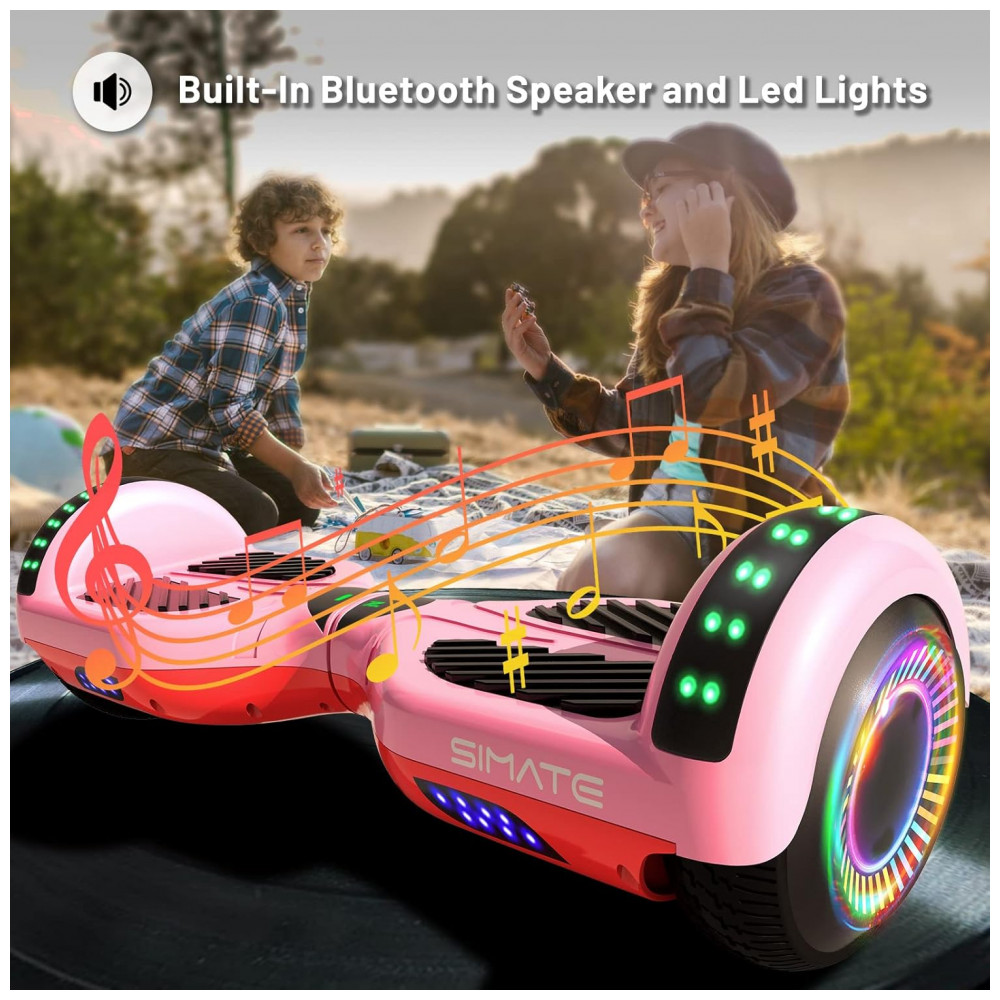 ECTQ1Y8XGN6B0B_1-1.jpg - Hoverboard SIMATE Rosa 6,5" com Bluetooth, Luzes LED e Certificação UL2272 – Até 13,7 km/h, Autonomia de 12,8 km