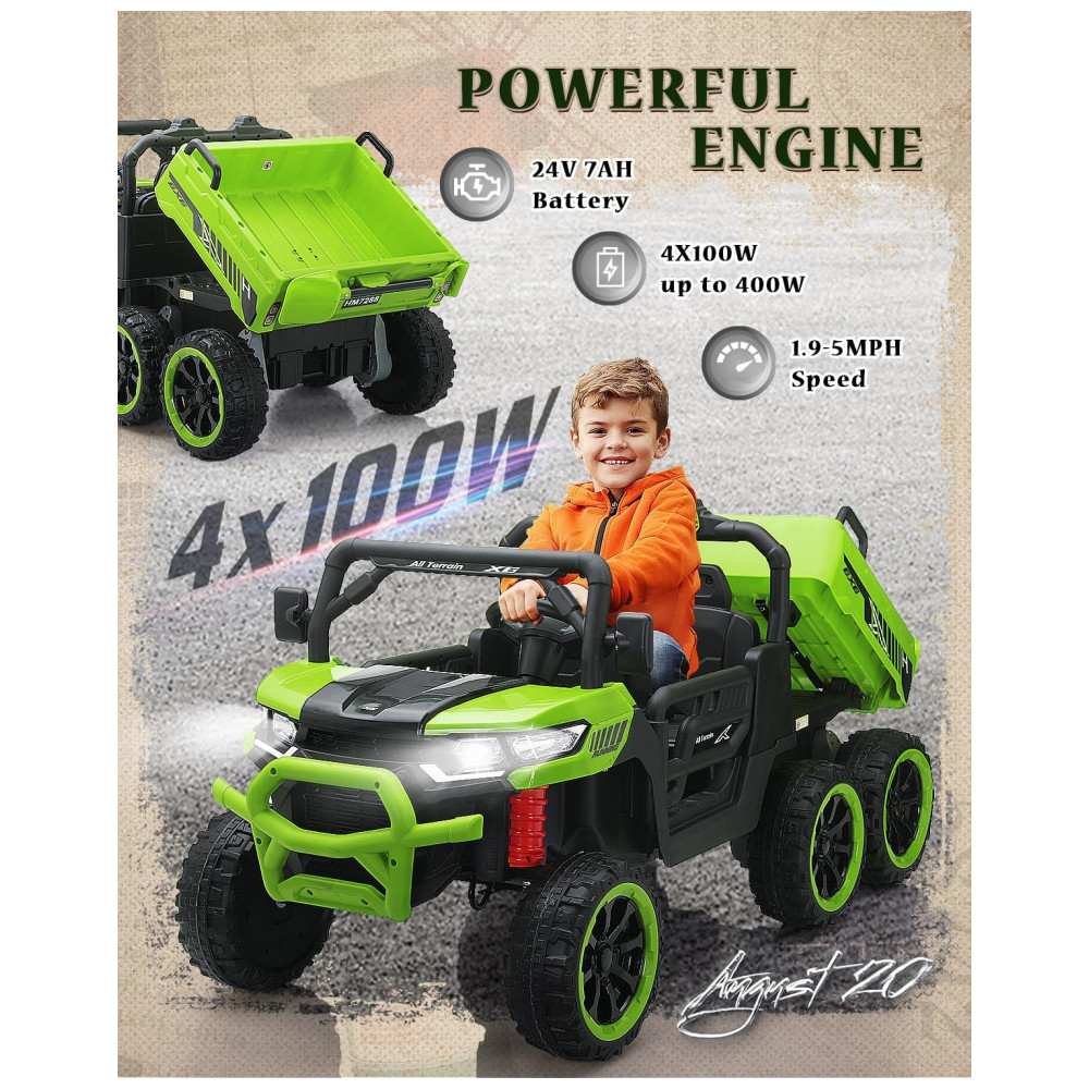 ECTQ225KG2PF0B_1-1.jpg - Caminhão Basculante Infantil Elétrico Letsgoride Verde 24V 2 Lugares 4 Motores 100W Caçamba Automática 4WD Bluetooth Música LED 6 Rodas