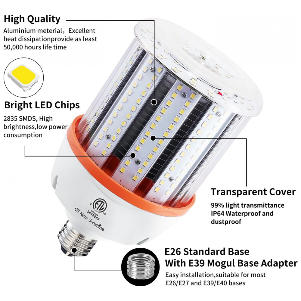 ECTQ26DSKV7D0B_2-1.jpg - Lâmpada LED Corn 80W CA New Sunshine (2 un), 12.000 lúmens, 5000K daylight, base E26/E39, super brilhante, para galpão, garagem, fábrica e área externa.