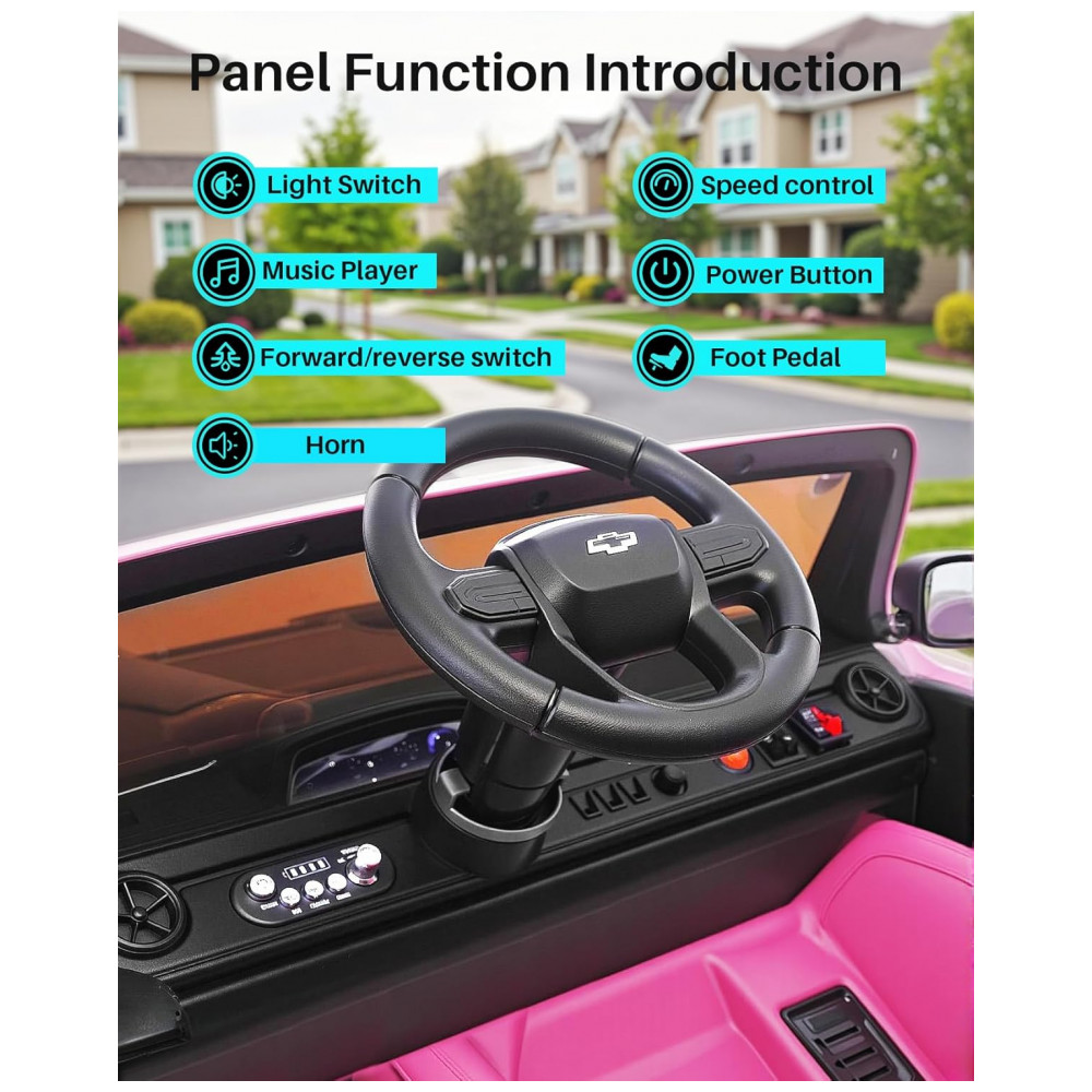 ECTQ26VBT4KF0B_2-1.jpg - Carro Elétrico Infantil Chevrolet Licenciado Joywhale 24V 4WD, 2 Lugares, 320W, Controle Remoto, Suspensão, Música, Luzes LED, Rosa