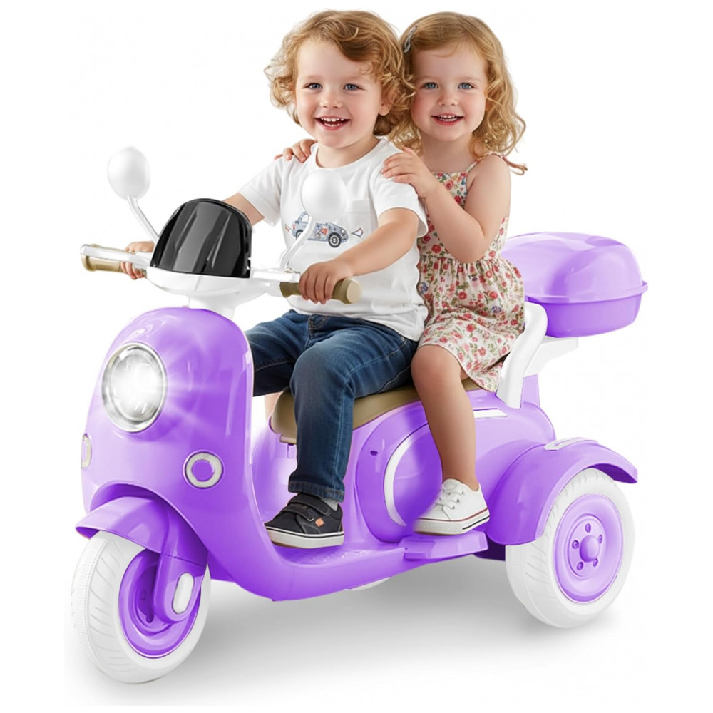 ECTQ293LT39D0B_0-1.jpg - Moto Elétrica Infantil HEIMILI 12V Roxo 3 Rodas 2 Lugares com Bluetooth MP3 Baú e Estabilidade