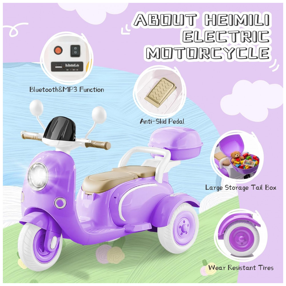 ECTQ293LT39D0B_1-1.jpg - Moto Elétrica Infantil HEIMILI 12V Roxo 3 Rodas 2 Lugares com Bluetooth MP3 Baú e Estabilidade