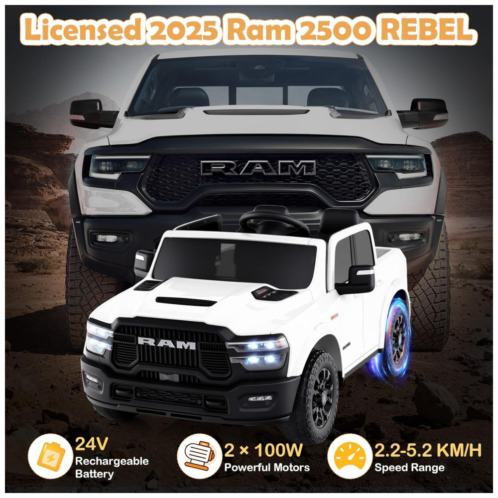 ECTQ2B6MDB1G0B_1-1.jpg - Carro Elétrico Infantil 2 Lugares 24V, 2x100W, Controle Remoto, Suspensão 4 Rodas, Costzon Ram 2500 Rebel, Branco