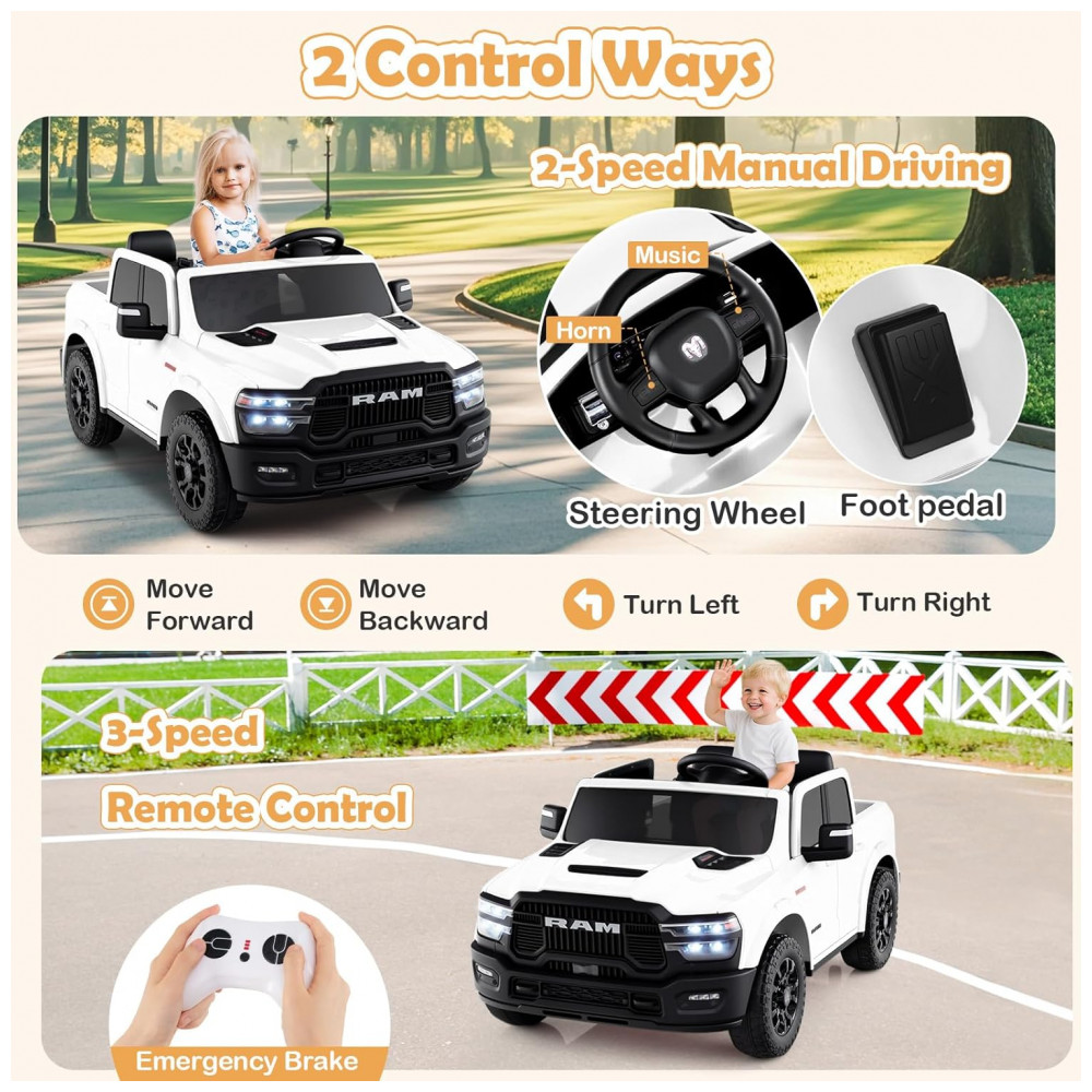 ECTQ2B6MDB1G0B_2-1.jpg - Carro Elétrico Infantil 2 Lugares 24V, 2x100W, Controle Remoto, Suspensão 4 Rodas, Costzon Ram 2500 Rebel, Branco