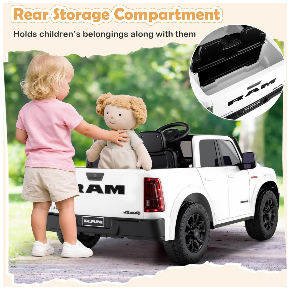 ECTQ2B6MDB1G0B_3-1.jpg - Carro Elétrico Infantil 2 Lugares 24V, 2x100W, Controle Remoto, Suspensão 4 Rodas, Costzon Ram 2500 Rebel, Branco