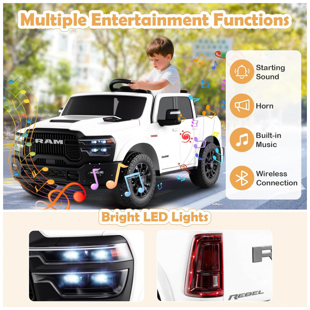 ECTQ2B6MDB1G0B_4-1.jpg - Carro Elétrico Infantil 2 Lugares 24V, 2x100W, Controle Remoto, Suspensão 4 Rodas, Costzon Ram 2500 Rebel, Branco