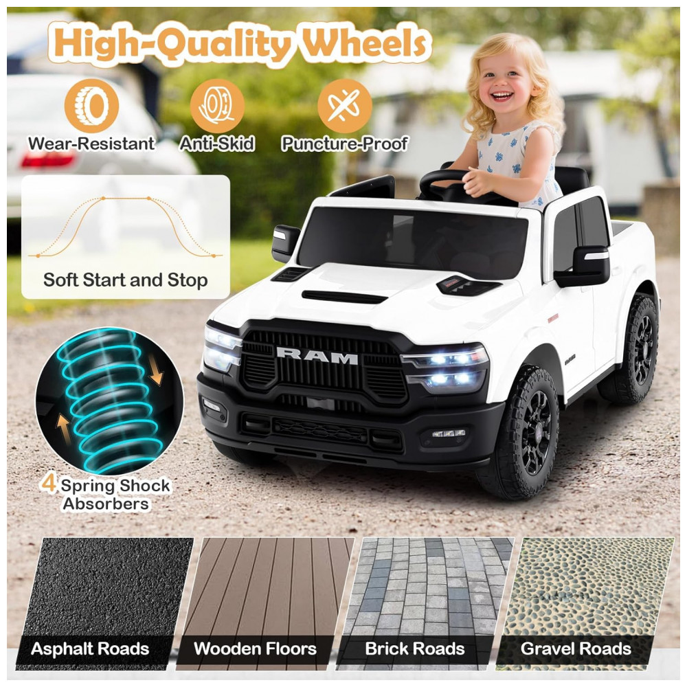 ECTQ2B6MDB1G0B_5-1.jpg - Carro Elétrico Infantil 2 Lugares 24V, 2x100W, Controle Remoto, Suspensão 4 Rodas, Costzon Ram 2500 Rebel, Branco