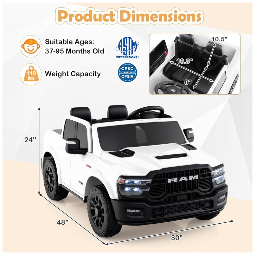 ECTQ2B6MDB1G0B_6-1.jpg - Carro Elétrico Infantil 2 Lugares 24V, 2x100W, Controle Remoto, Suspensão 4 Rodas, Costzon Ram 2500 Rebel, Branco