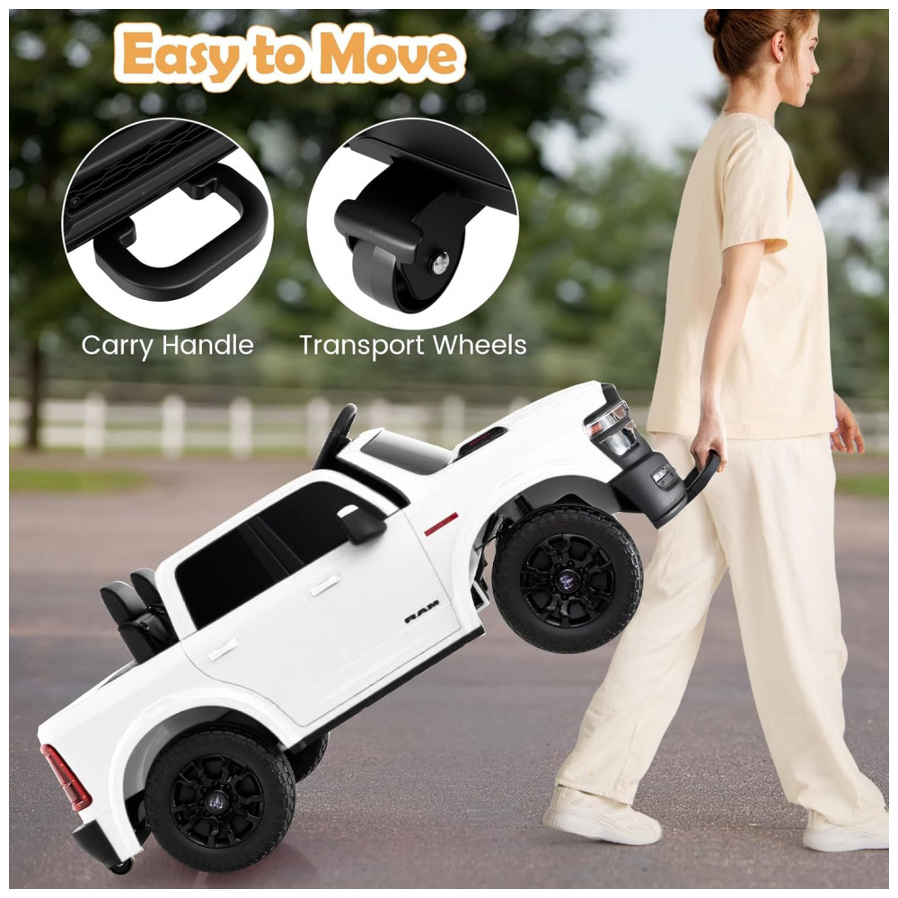 ECTQ2B6MDB1G0B_7-1.jpg - Carro Elétrico Infantil 2 Lugares 24V, 2x100W, Controle Remoto, Suspensão 4 Rodas, Costzon Ram 2500 Rebel, Branco