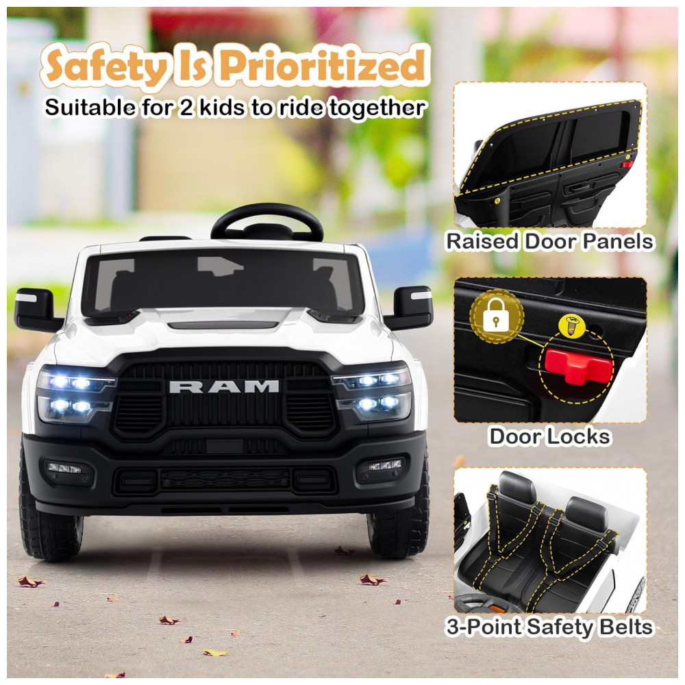 ECTQ2B6MDB1G0B_8-1.jpg - Carro Elétrico Infantil 2 Lugares 24V, 2x100W, Controle Remoto, Suspensão 4 Rodas, Costzon Ram 2500 Rebel, Branco