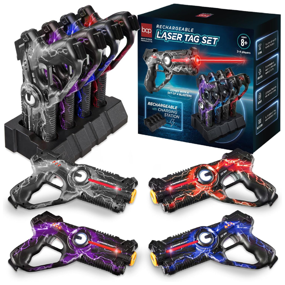 Conjunto de Pistola de Brinquedo Recarregável com Laser Tag, 4 Armas e Estação de Encaixe, Best Choice Products, Colorido