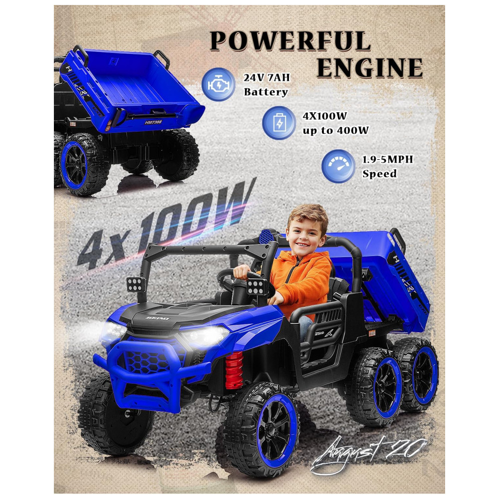 ECTQ2F1GYCGF0B_1-1.jpg - Caminhão Basculante Infantil Letsgoride Azul 24V 2 Lugares 4 Motores 100W Caçamba Automática 4WD Bluetooth Música LED 6 Rodas