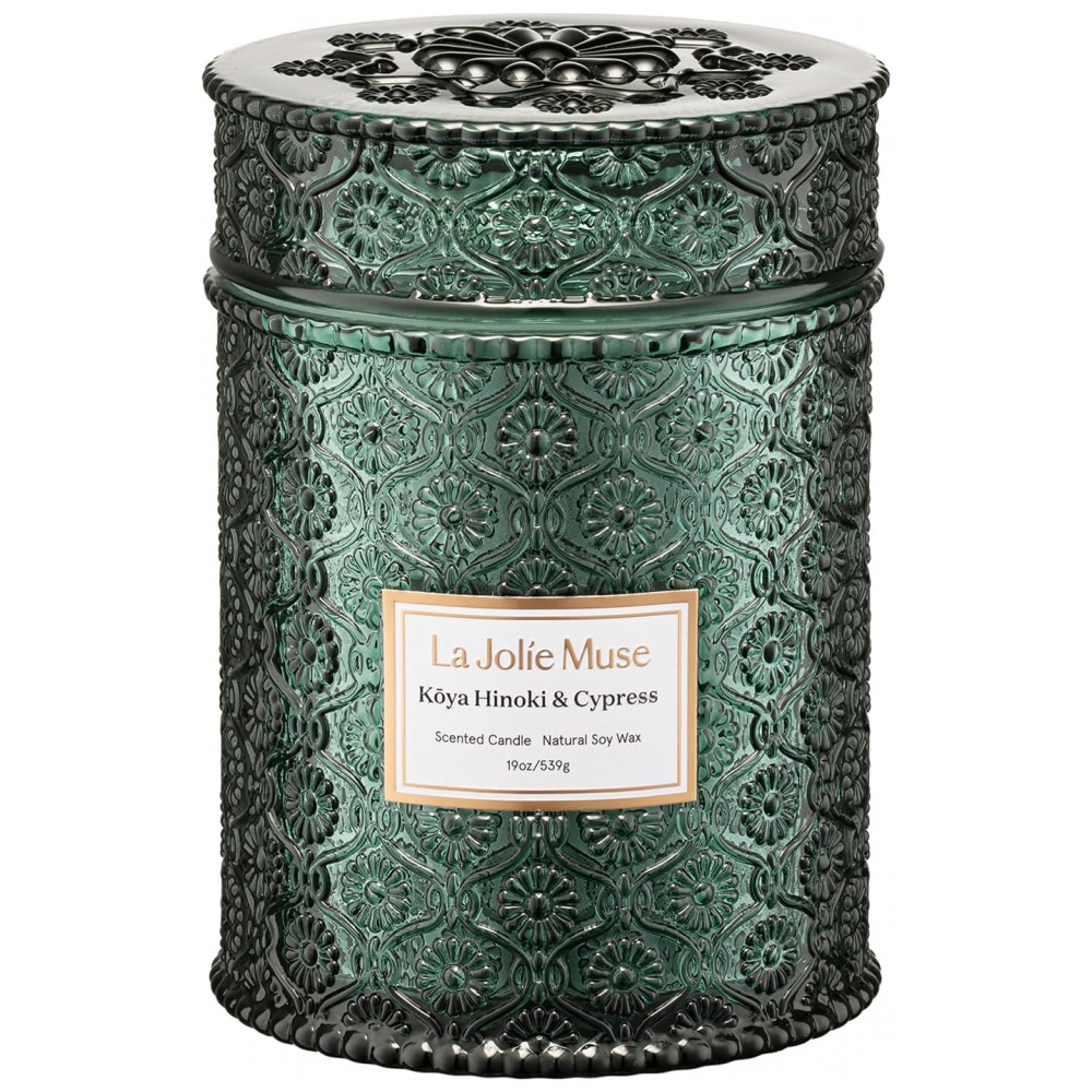 Vela Perfumada LA JOLIE MUSE Kya Hinoki Cypress de Pinho, Couro Hinoki 19 oz - Vela de Natal Festiva com Pavio de Madeira que Queima Limpo e Emite um