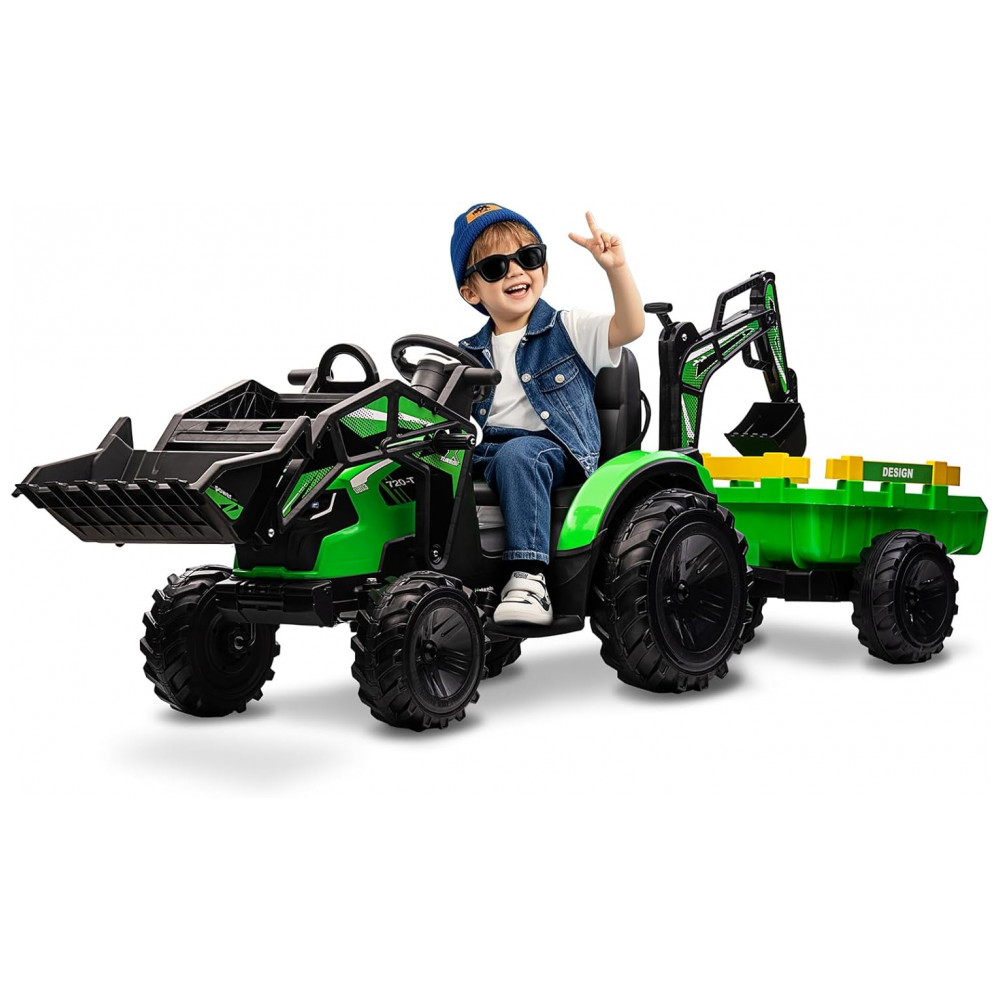 ECTQ2RFL8MCF0B_0-1.jpg - Trator Infantil Elétrico GarveeLife Verde 24V 3 em 1 Escavadeira Buldôzer Trailer Controle Remoto Luzes LED Bluetooth