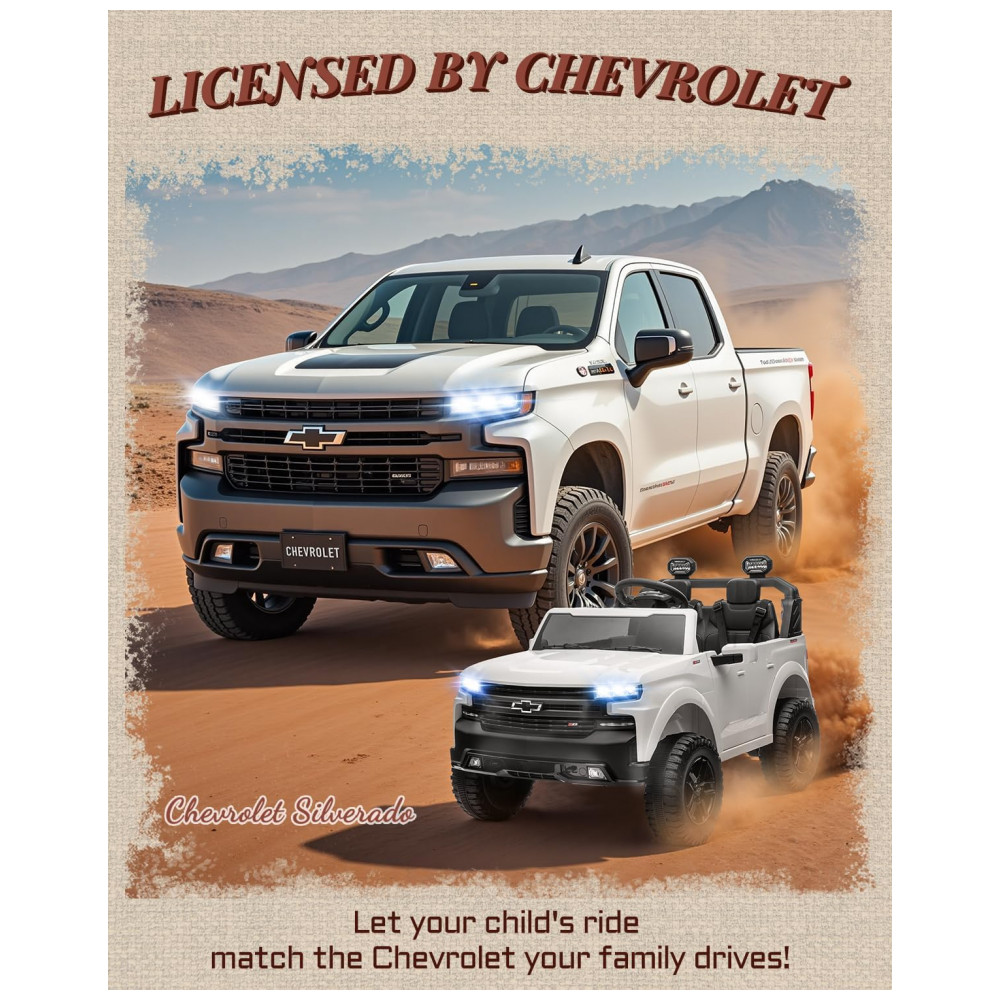 ECTQ2TJ2BNKF0B_1-1.jpg - Carro Elétrico Infantil Chevrolet Silverado 24V Branco 2 Lugares com Controle Remoto, Bluetooth, Luzes LED e Cinto de Segurança
