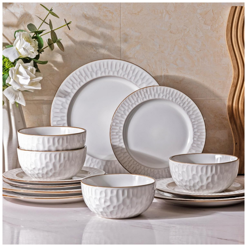 Jogo de Louça em Cerâmica GBHOME, 12 peças com Design Elegante em Alto-relevo, Conjunto de Pratos e Tigelas em Stoneware, Presente de Casamento e Chá