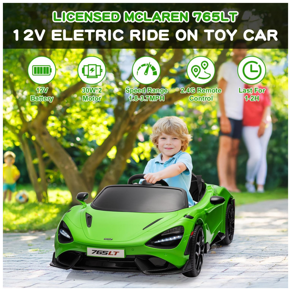 ECTQ2Y5J32SD0B_1-1.jpg - Carro Elétrico Infantil McLaren 765LT Licenciado 12V, 1 Lugar, 2 Motores 30W, Controle Remoto, Bluetooth, Luzes LED, Verde