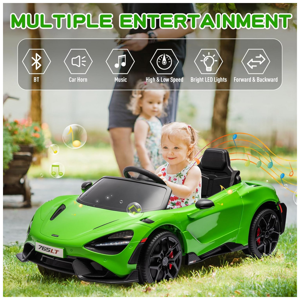 ECTQ2Y5J32SD0B_2-1.jpg - Carro Elétrico Infantil McLaren 765LT Licenciado 12V, 1 Lugar, 2 Motores 30W, Controle Remoto, Bluetooth, Luzes LED, Verde