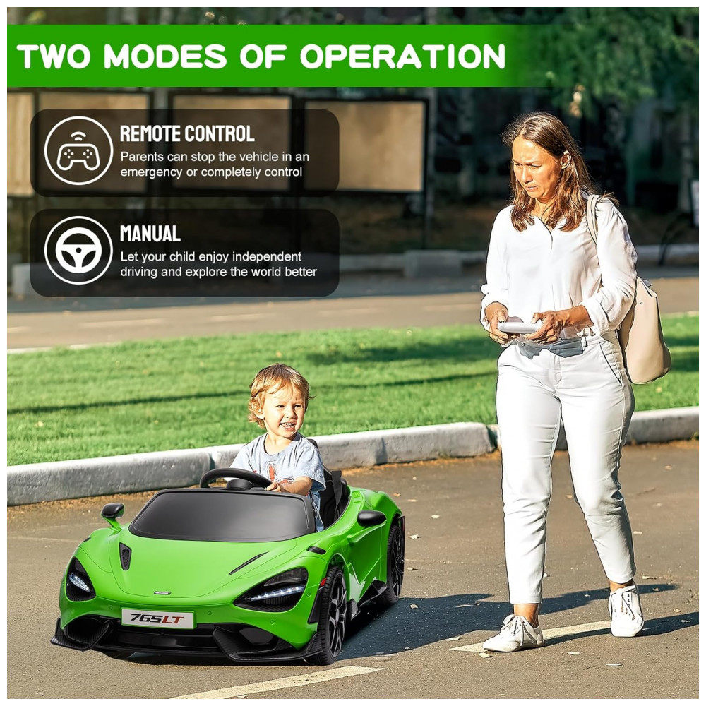 ECTQ2Y5J32SD0B_3-1.jpg - Carro Elétrico Infantil McLaren 765LT Licenciado 12V, 1 Lugar, 2 Motores 30W, Controle Remoto, Bluetooth, Luzes LED, Verde