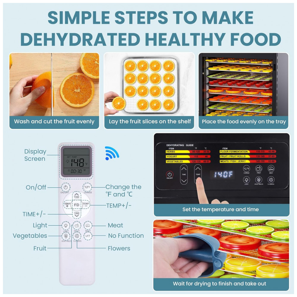 ECTQ31N278MF0B_1-1.jpg - Desidratador de Alimentos para Jerky, 12 Bandejas Grandes de Aço Inoxidável, 1200W Desidratador de Frutas com Controle Remoto, Fendia